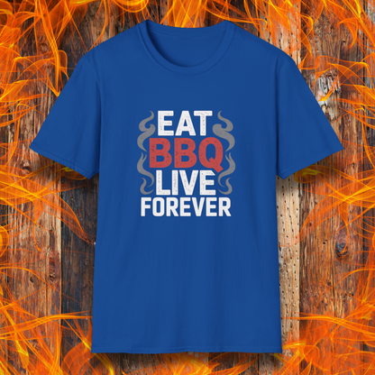 Blue t-shirt with 'EAT BBQ LIVE FOREVER' text on a fiery background
