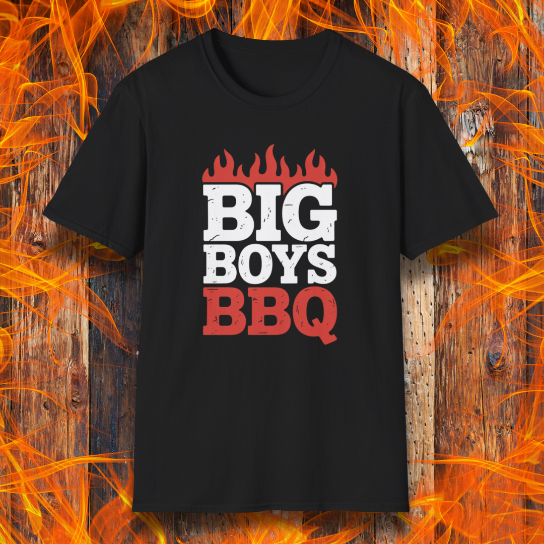 Black t-shirt with 'BIG BOYS BBQ' text on a fiery background