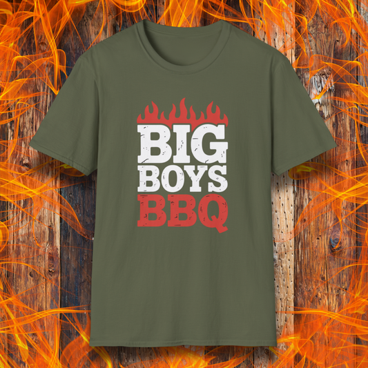 Green t-shirt with 'BIG BOYS BBQ' text on a fiery background