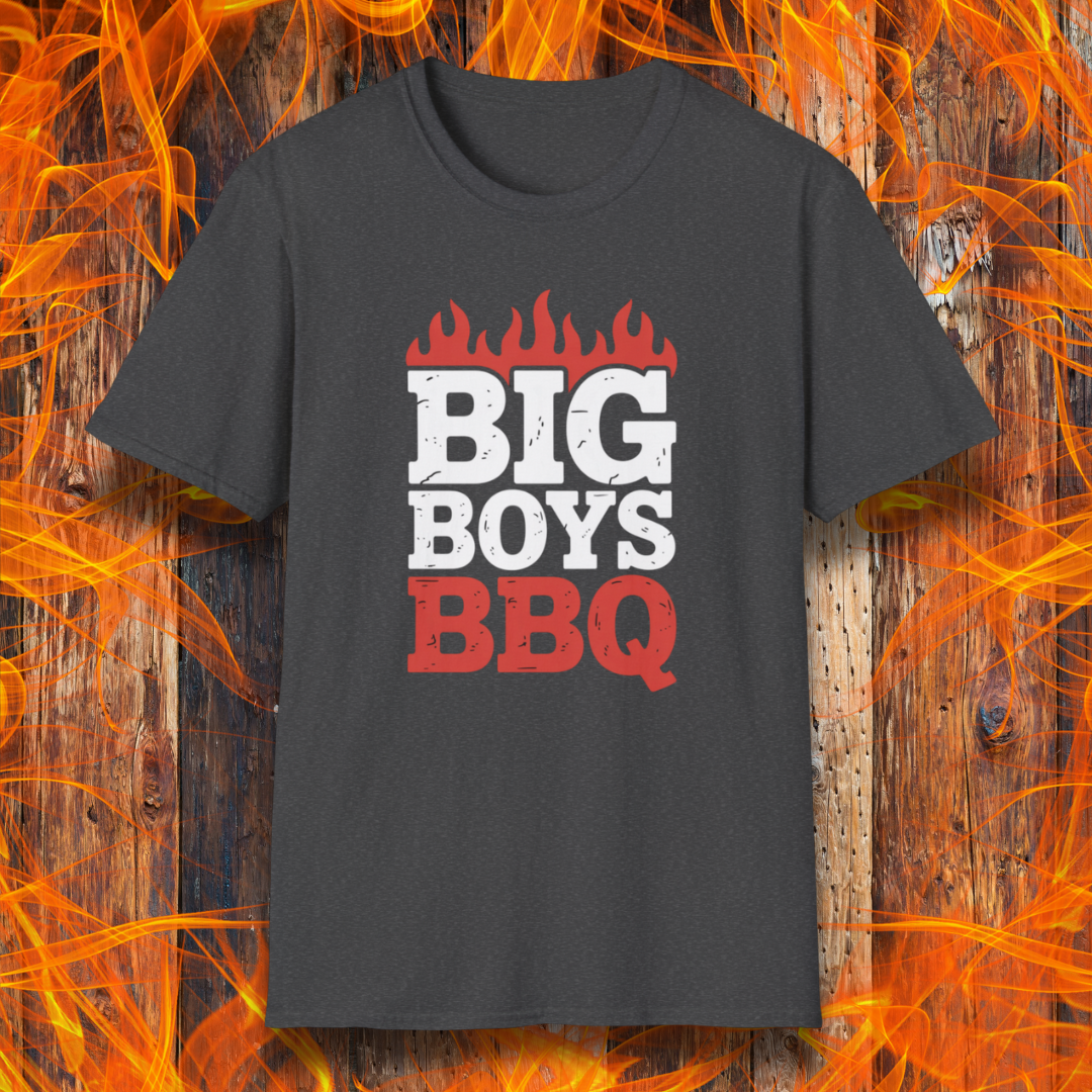 Dark Grey t-shirt with 'BIG BOYS BBQ' text on a fiery background