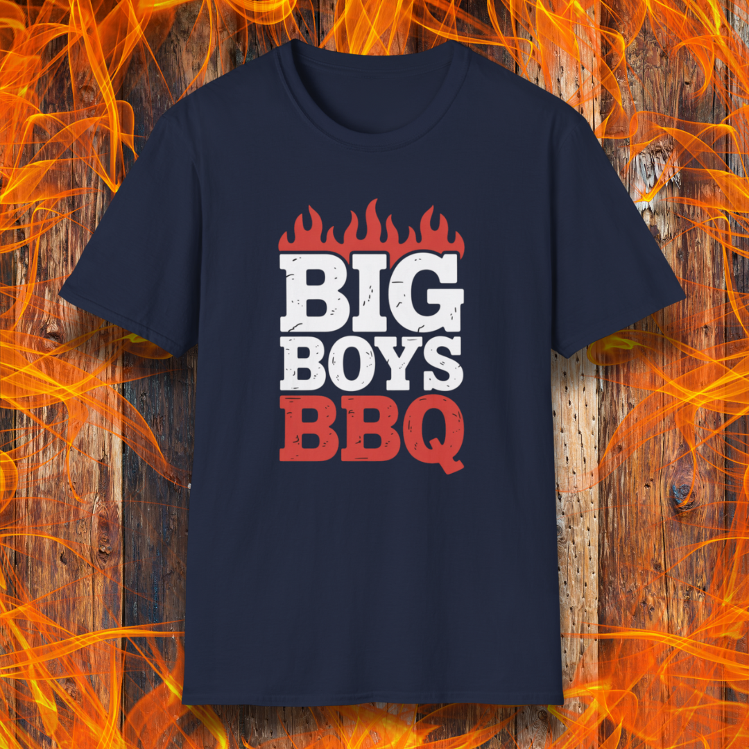 Navy blue t-shirt with 'BIG BOYS BBQ' text on a fiery background