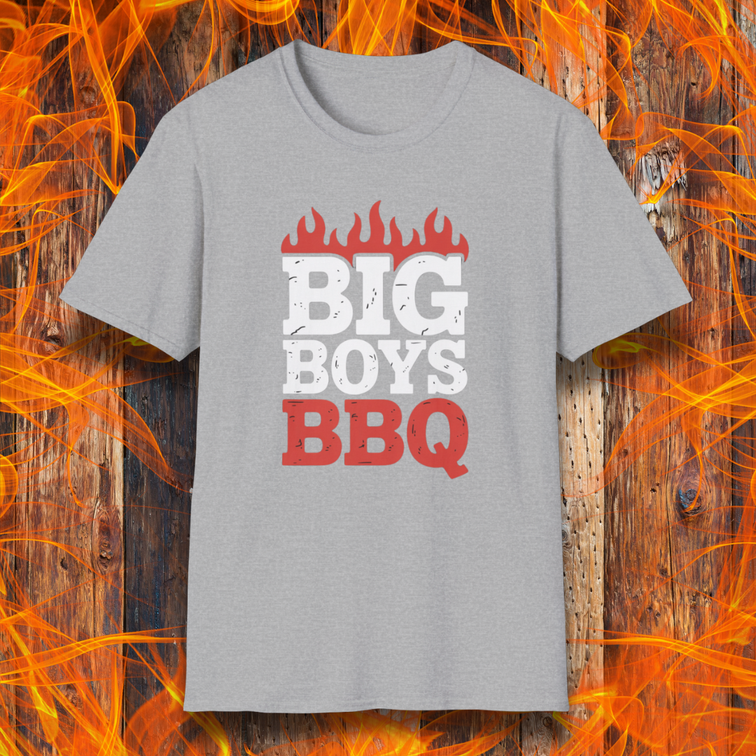 Gray t-shirt with 'BIG BOYS BBQ' text on a fiery background