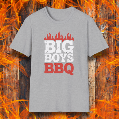 Gray t-shirt with 'BIG BOYS BBQ' text on a fiery background