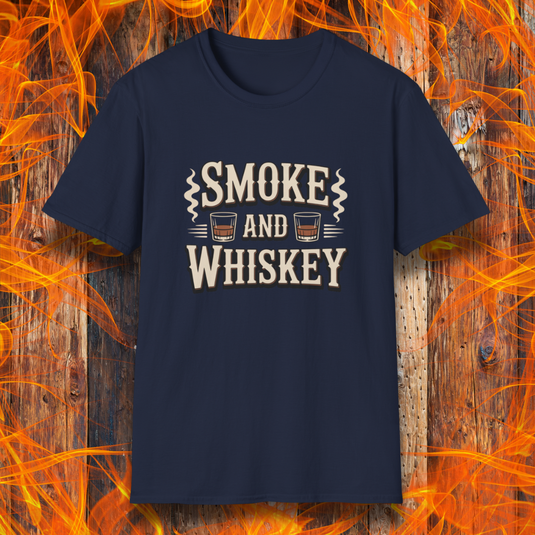 Navy blue t-shirt with 'Smoke and Whiskey' text on a fiery background