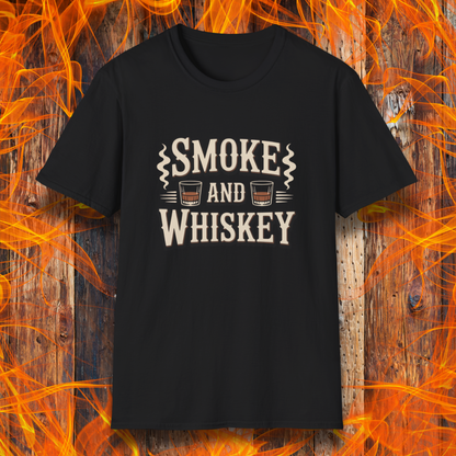 Black t-shirt with 'Smoke and Whiskey' text on a fiery background