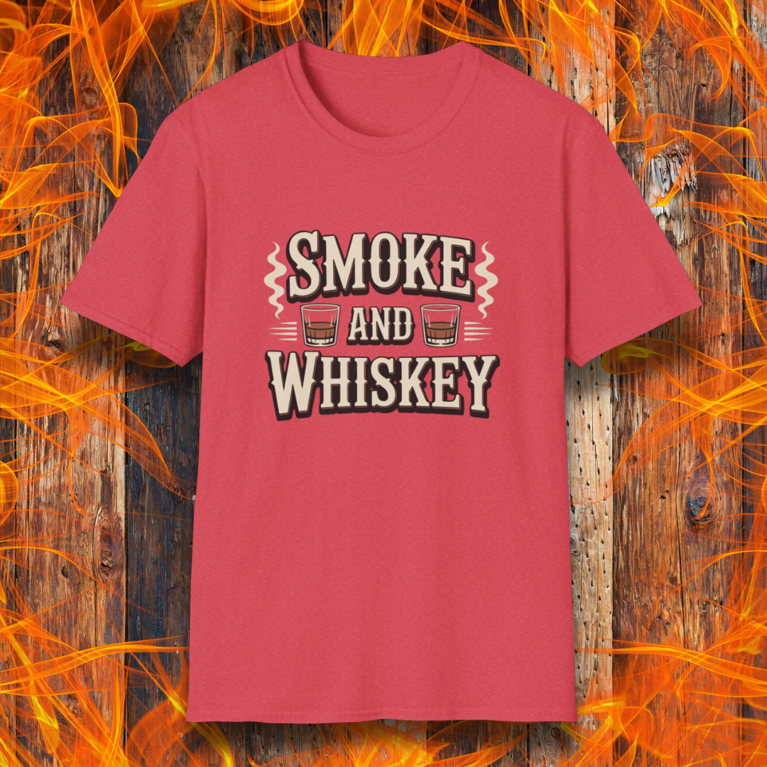 Red t-shirt with 'Smoke and Whiskey' text on a wooden background with flames.
