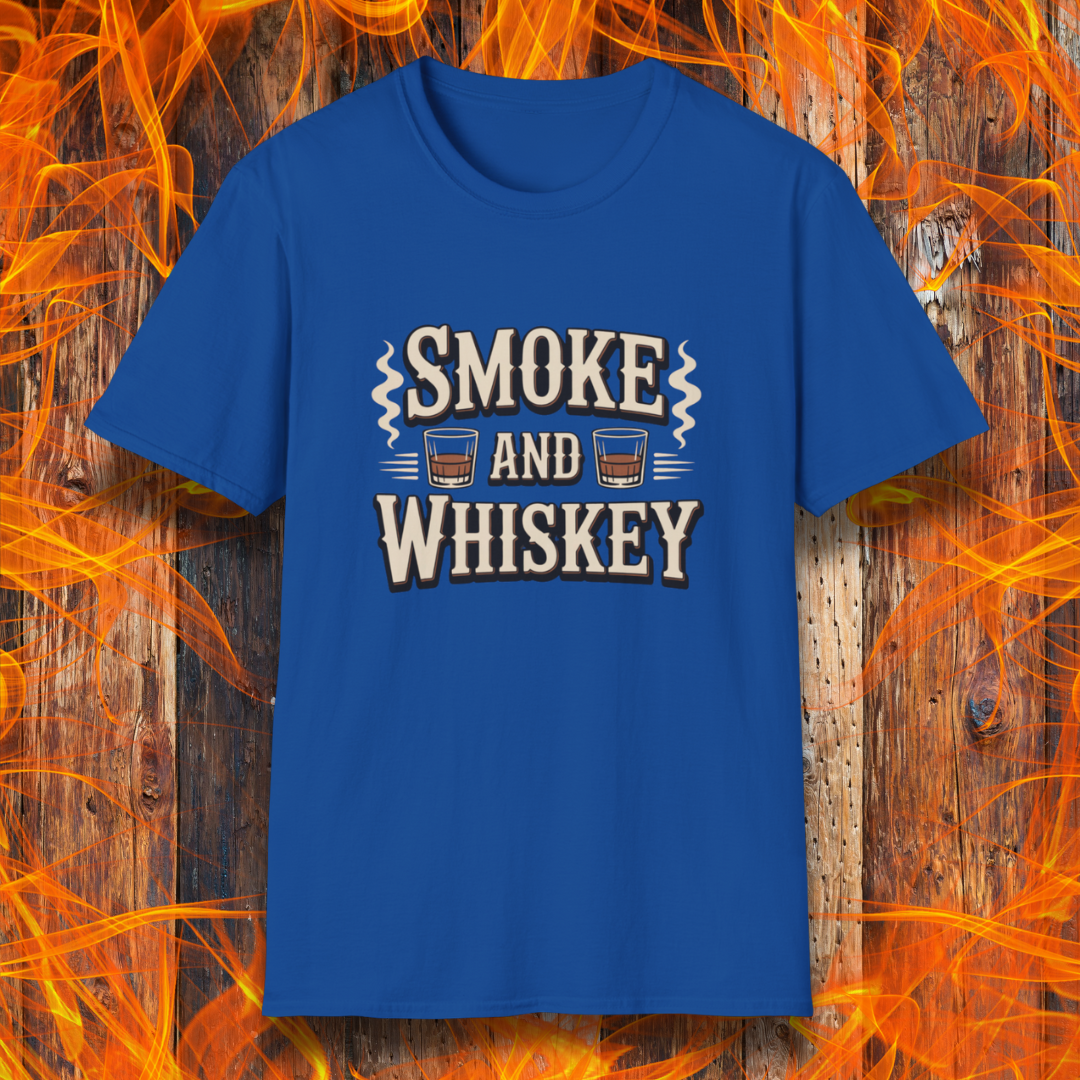 Blue t-shirt with 'Smoke and Whiskey' text on a wooden background with flames.