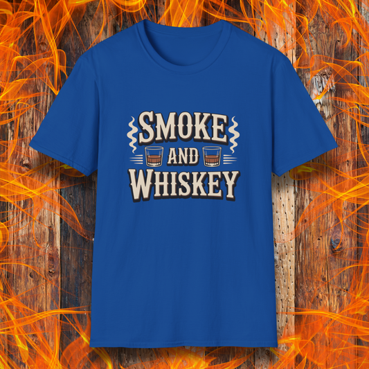 Blue t-shirt with 'Smoke and Whiskey' text on a wooden background with flames.