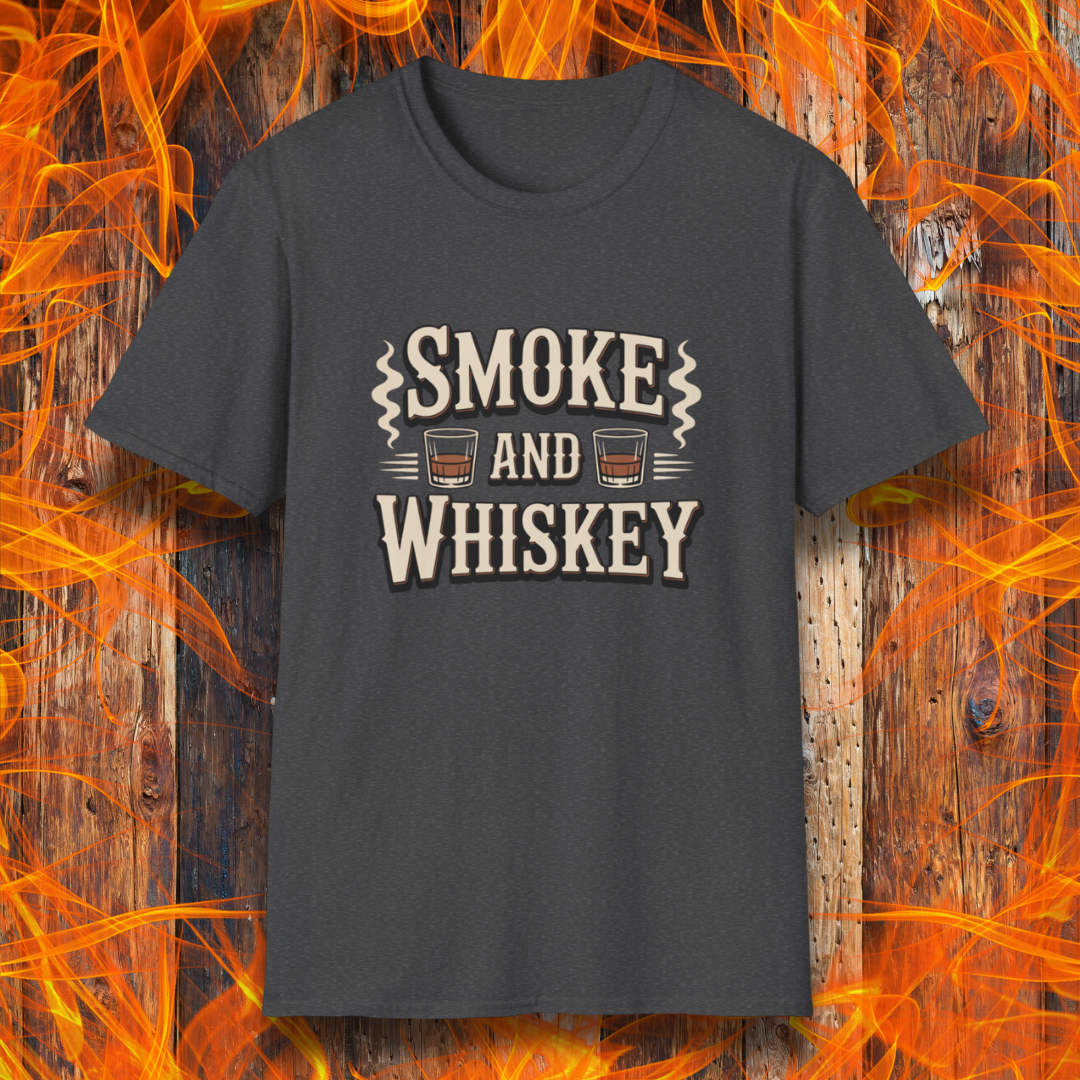 Dark Heather t-shirt with 'Smoke and Whiskey' text on a wooden background with flames.