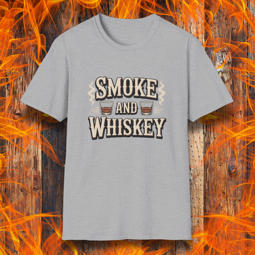 Gray t-shirt with 'Smoke and Whiskey' text on a fiery background