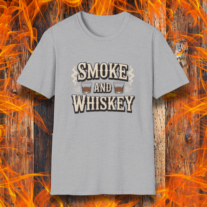 Gray t-shirt with 'Smoke and Whiskey' text on a fiery background