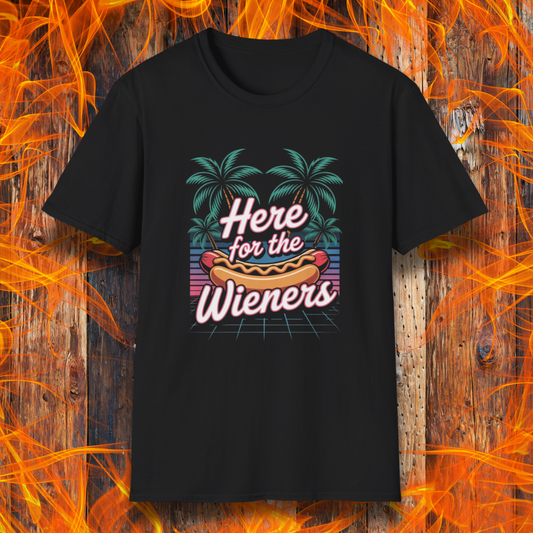 Black t-shirt with 'Here for the Wieners' graphic design on a fiery background