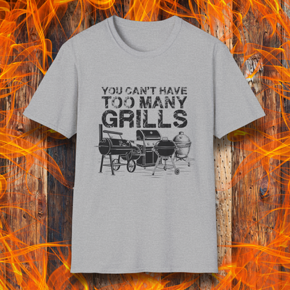 Gray t-shirt with grill graphic and text on a fiery background