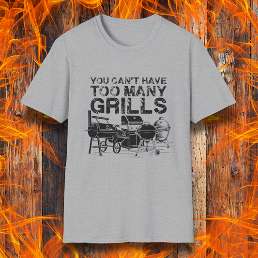 Gray t-shirt with grill graphic and text on a fiery background