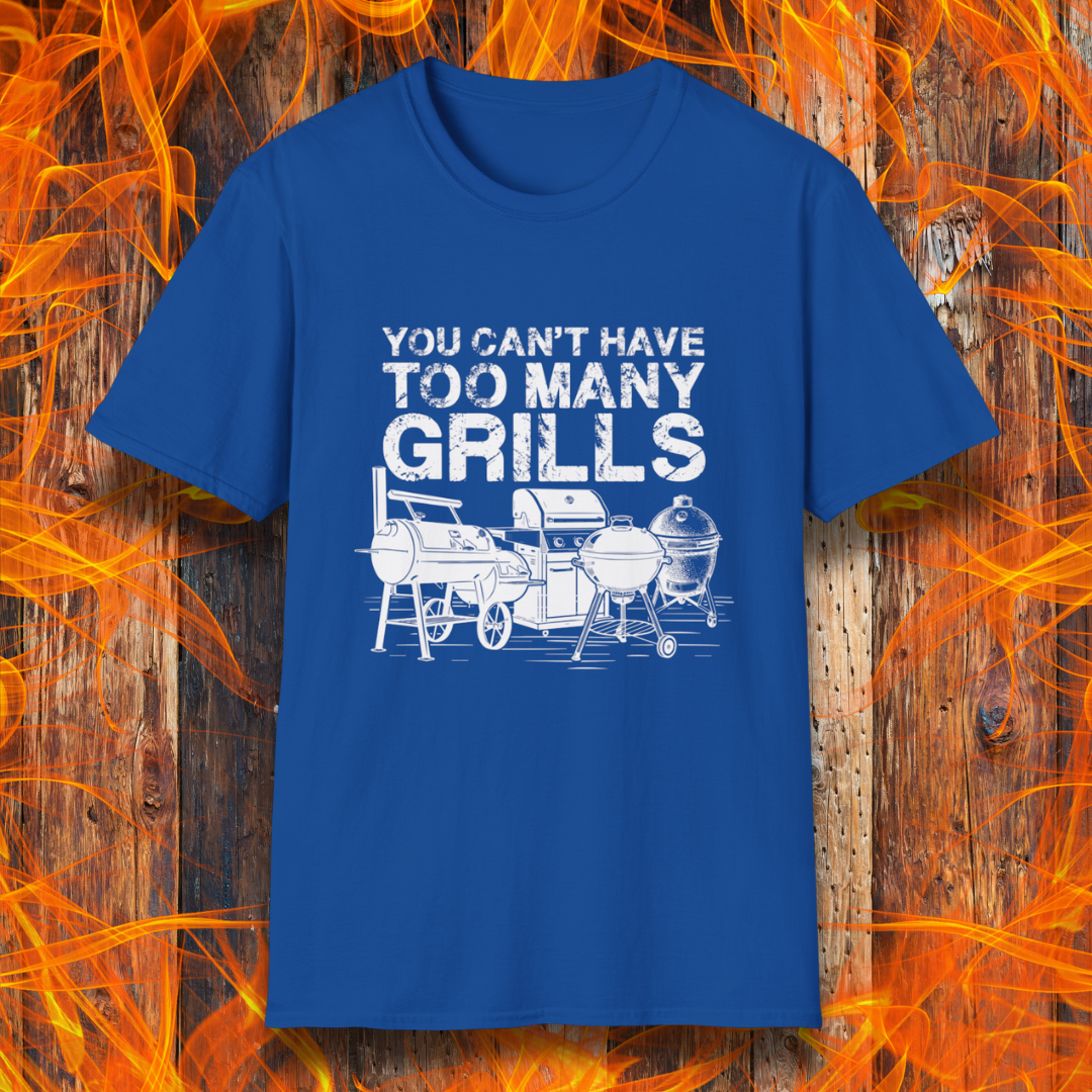 Blue t-shirt with grill graphic and text on a wooden background with flames