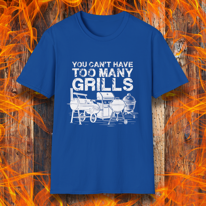 Blue t-shirt with grill graphic and text on a wooden background with flames
