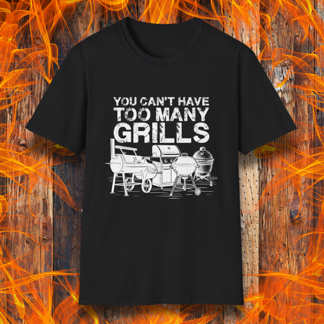 Black t-shirt with 'You can't have too many grills' graphic on a fiery background