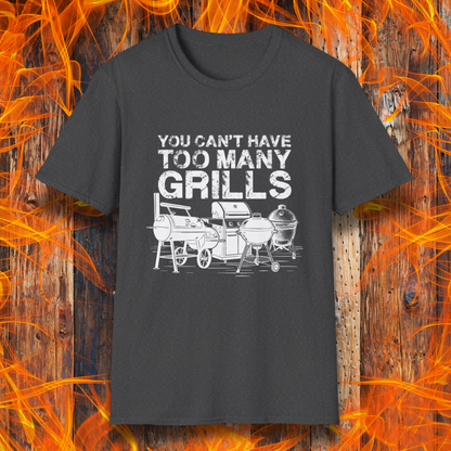 Dark Grey t-shirt with 'You can't have too many grills' graphic design on a wooden background with flames.