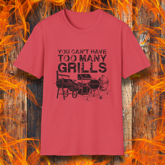 Red t-shirt with grill graphic and text on a fiery background