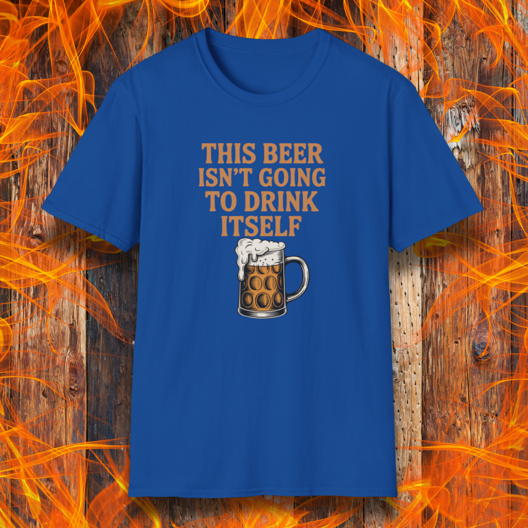 Blue t-shirt with a beer graphic and text on a wooden background with flames.