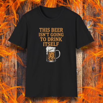 Black t-shirt with a graphic of a beer mug and text on a fiery background