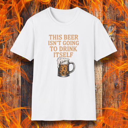 White t-shirt with a humorous beer graphic and text on a fiery background