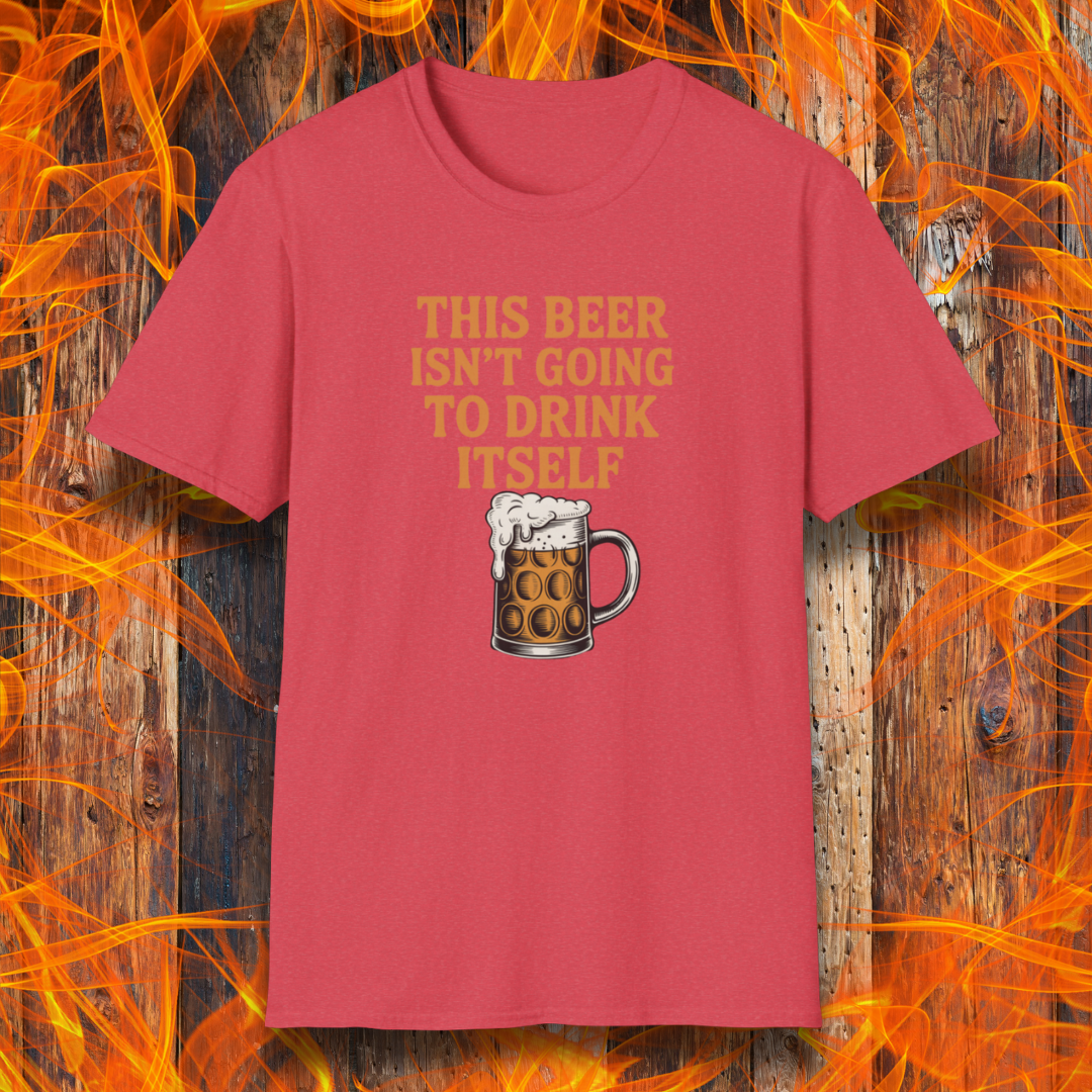 Red t-shirt with a graphic of a beer mug and text on a wooden background with flames.