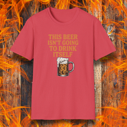 Red t-shirt with a graphic of a beer mug and text on a wooden background with flames.