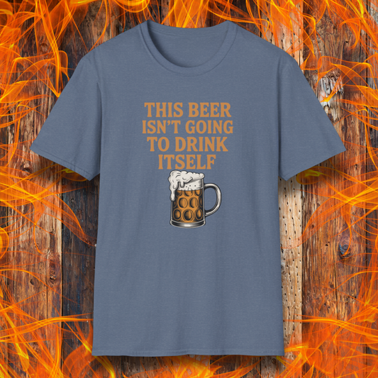 Blue t-shirt with a beer graphic and text on a wooden background with flames.