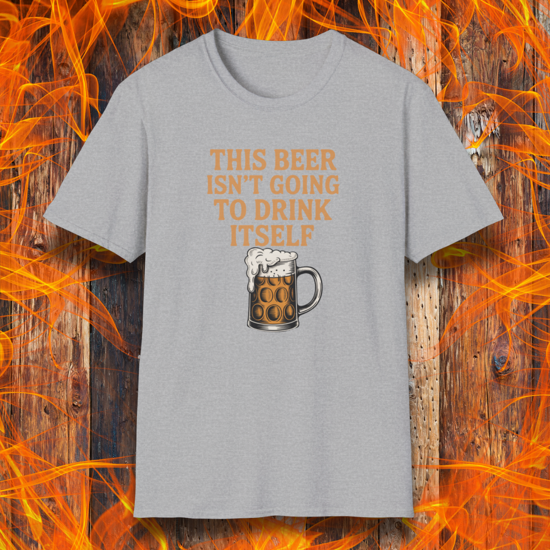 Gray t-shirt with a beer graphic and text on a fiery background