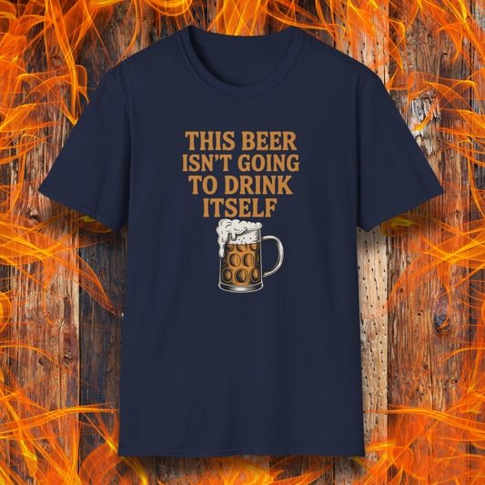 Navy blue t-shirt with a graphic of a beer mug and text on a wooden background with flames.