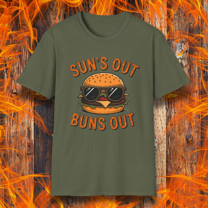 Green t-shirt with a graphic of a burger wearing sunglasses and text 'Suns Out Buns Out' on a fiery background.