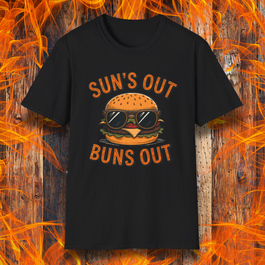 Black t-shirt with a graphic of a burger wearing sunglasses and text 'Suns Out Buns Out' on a fiery background.