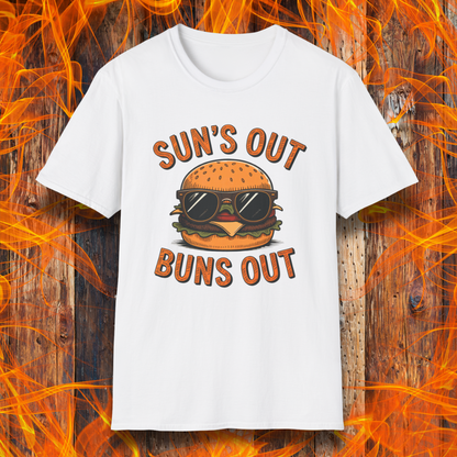 White t-shirt with a burger graphic and text 'SUN'S OUT BUNS OUT' on a fiery background