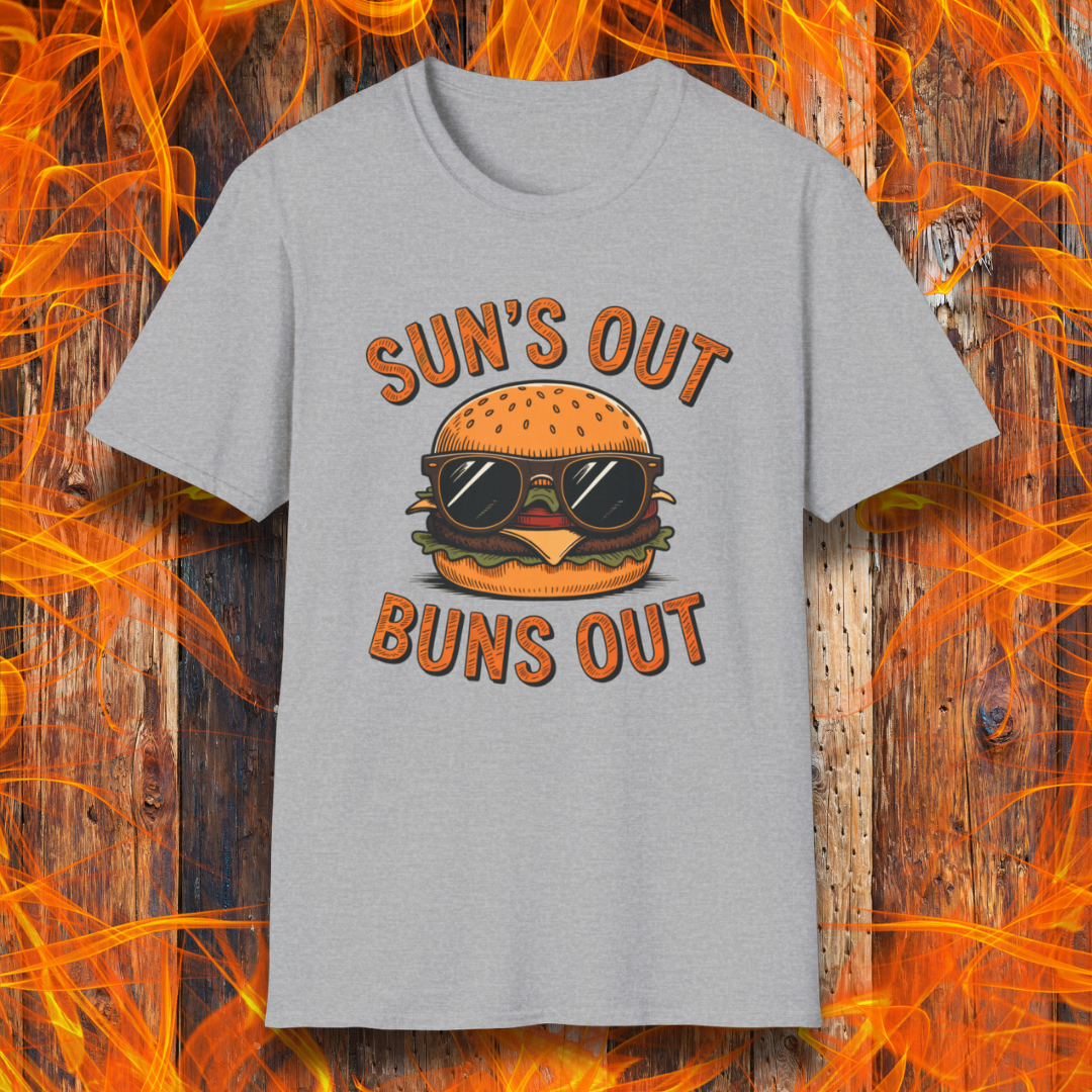Gray t-shirt with a graphic of a burger wearing sunglasses and text 'SUN'S OUT BUNS OUT' on a fiery background.