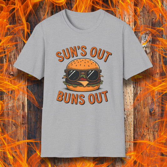 Gray t-shirt with a graphic of a burger wearing sunglasses and text 'SUN'S OUT BUNS OUT' on a fiery background.
