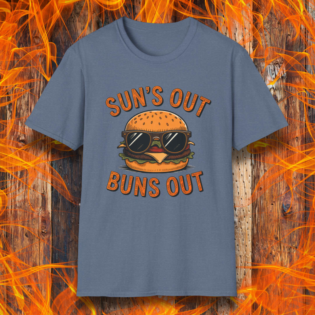 Blue t-shirt with a graphic of a burger wearing sunglasses and text 'Suns Out Buns Out' on a fiery background.