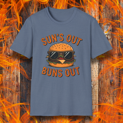 Blue t-shirt with a graphic of a burger wearing sunglasses and text 'Suns Out Buns Out' on a fiery background.