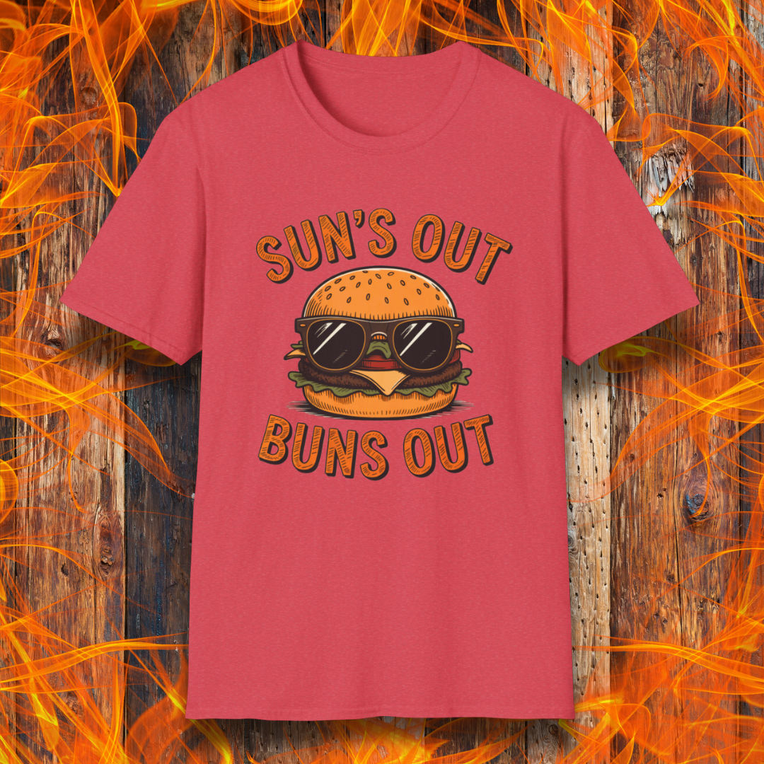 Red t-shirt with a graphic of a burger wearing sunglasses and text 'Suns Out Buns Out' on a fiery background.