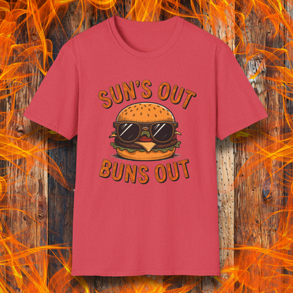 Red t-shirt with a graphic of a burger wearing sunglasses and text 'Suns Out Buns Out' on a fiery background.