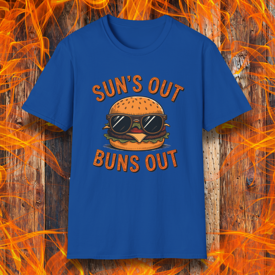 Blue t-shirt with a burger graphic and text 'Suns Out Buns Out' on a fiery background