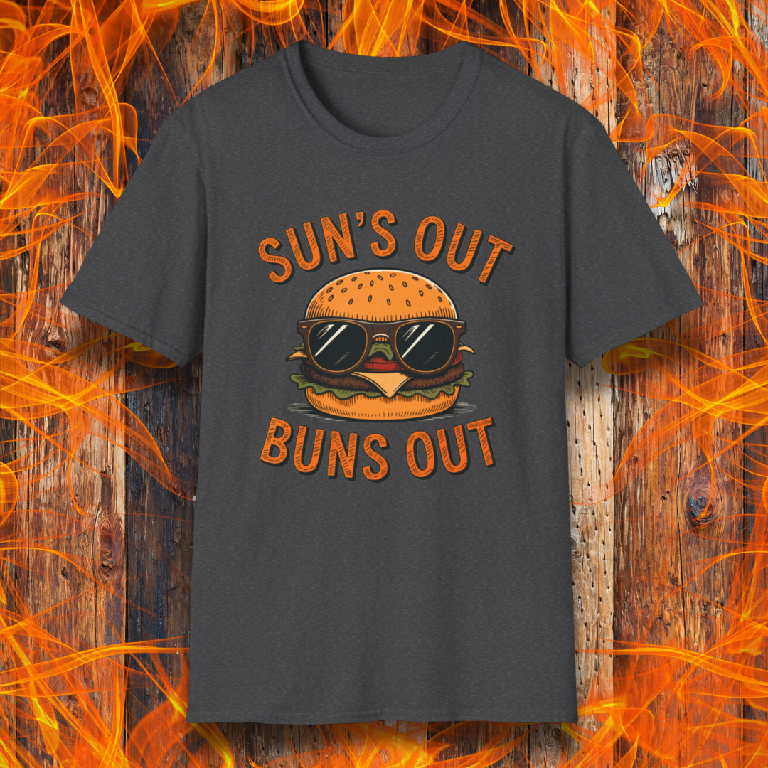 Black t-shirt with a graphic of a burger wearing sunglasses and text 'Suns Out Buns Out' on a fiery background.