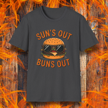 Black t-shirt with a graphic of a burger wearing sunglasses and text 'Suns Out Buns Out' on a fiery background.
