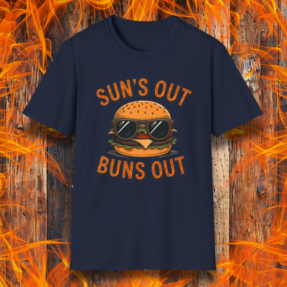 Navy blue t-shirt with a graphic of a burger wearing sunglasses and text 'SUN'S OUT BUNS OUT' on a fiery background.