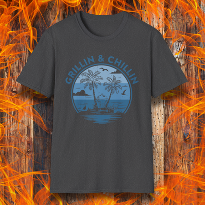 Dark Grey t-shirt with 'Grillin & Chillin' graphic design on a wooden background with flames.