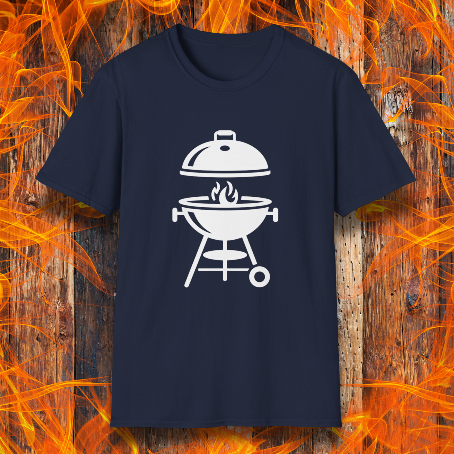 Navy blue t-shirt with white barbecue graphic on a fiery background