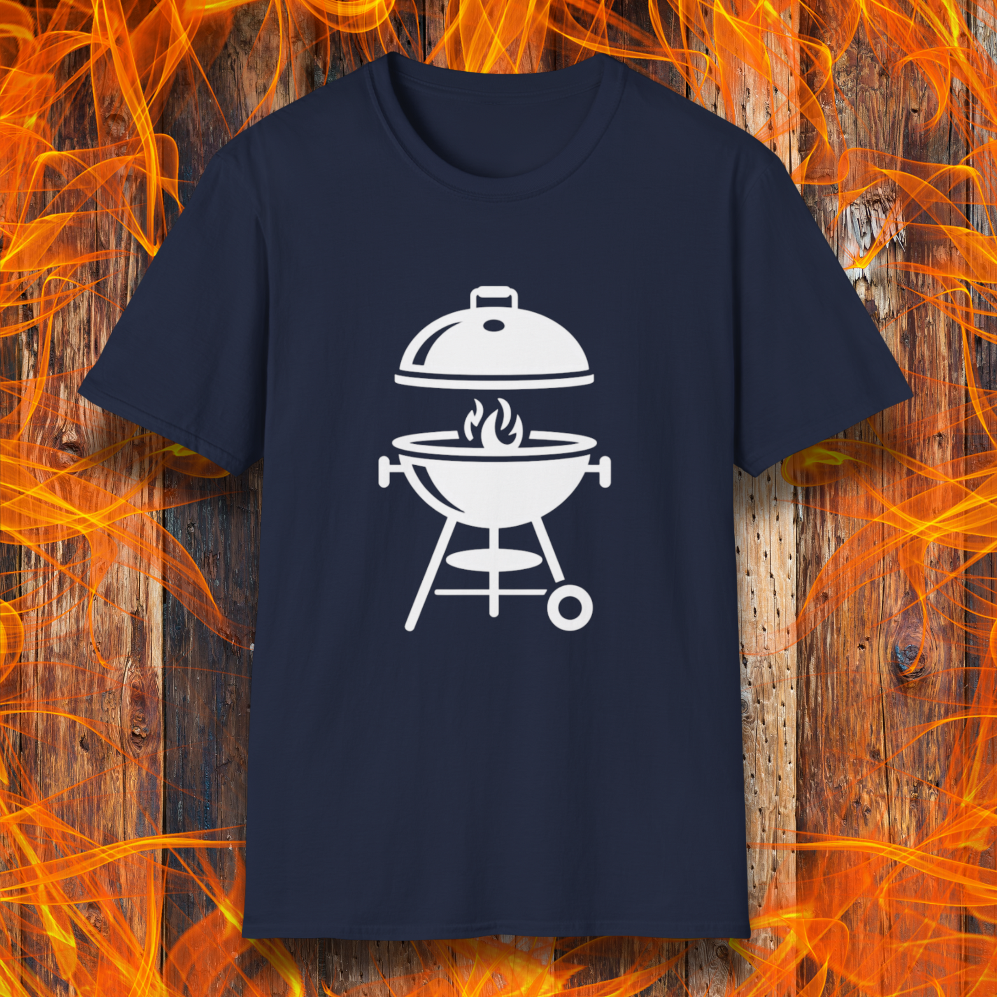 Navy blue t-shirt with white barbecue graphic on a fiery background