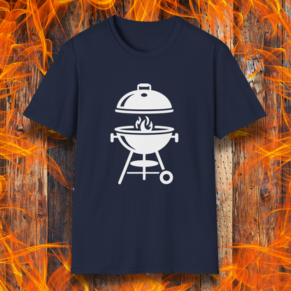 Navy blue t-shirt with white barbecue graphic on a fiery background