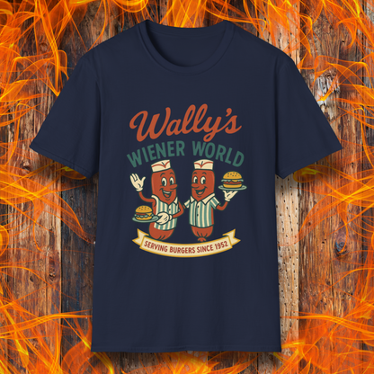 Navy blue t-shirt with 'Wally's Wiener World' graphic on a wooden background with flames.