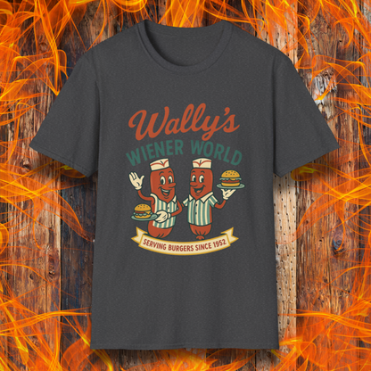 Dark Grey t-shirt with 'Wally's Wiener World' graphic design on a wooden background with flames